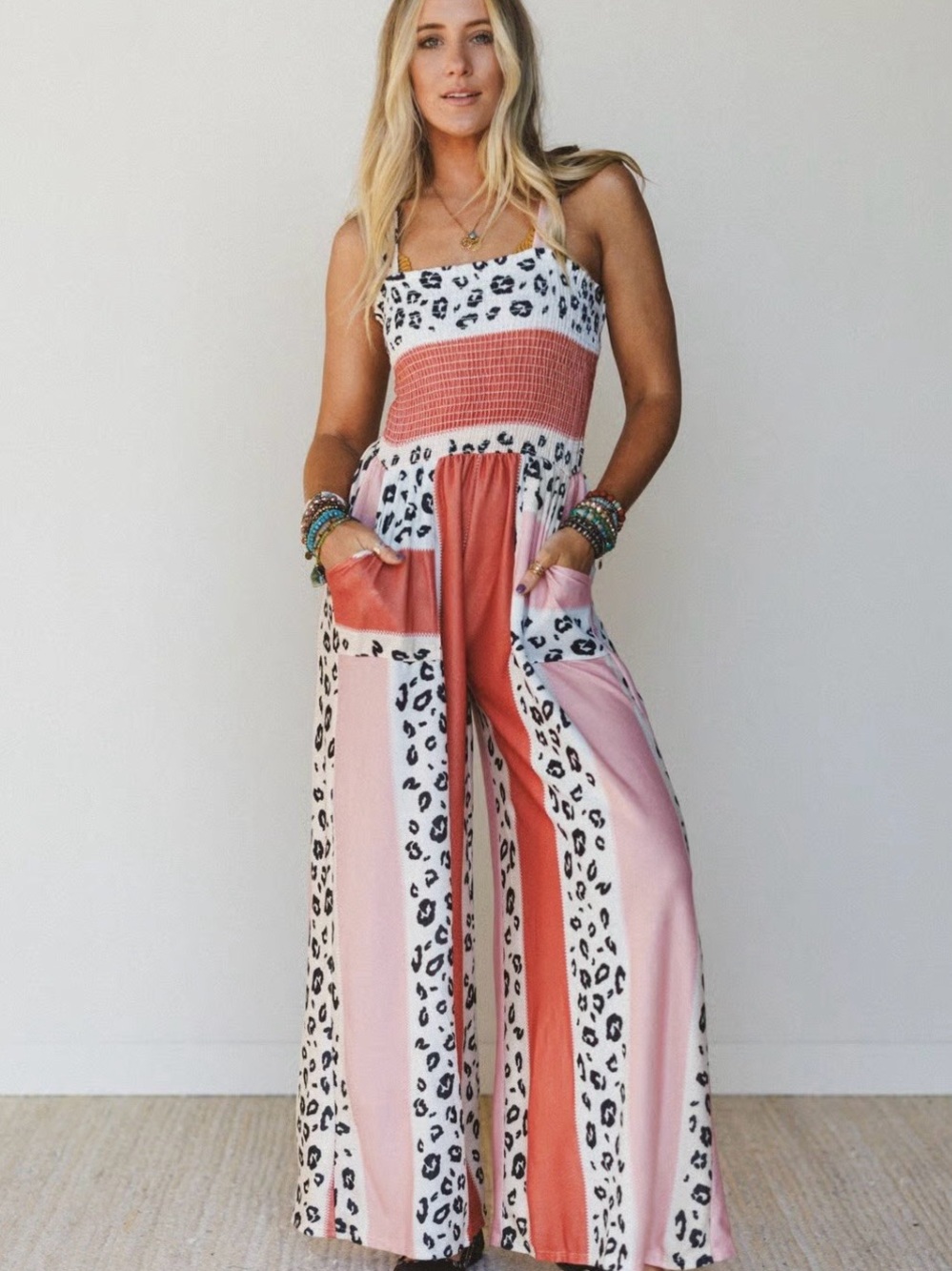 Three Bird Nest Coral and Pink Leopard Spot Knit Jumpsuit Sz S